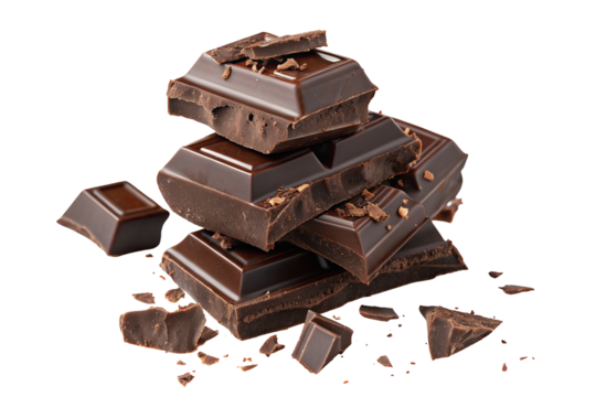 Rich dark chocolate chunks stacked with scattered bits deliciously tempting treat irresistible