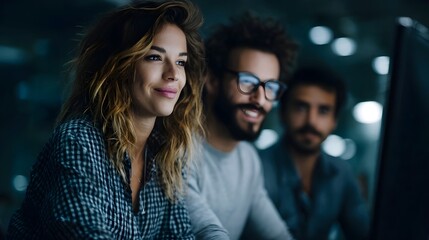 Focused coworkers discussing data analysis on laptop screen in office