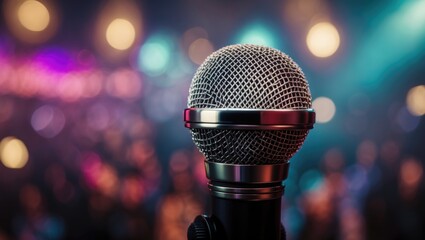 Close-up of a microphone on stage with blurred colorful background, suitable for music, performance, or speech.