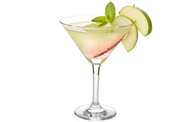 Refreshing green apple martini garnished with fresh mint leaves and apple slices in cocktail glass