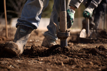 Close up of workers installing metal fence posts, manual labor and construction process