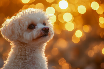 White poodle sits, gazing up. Twinkling golden lights blur, creating a festive mood
