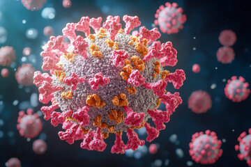 Visual representation of a coronavirus cell with pink and orange spikes extending from its textured, grey surface