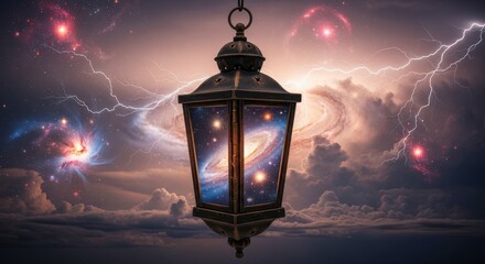 Mystical lantern illuminates a cosmic sky with lightning and orbs