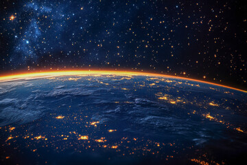 Obraz premium A night view from space showcases Earth's curvature with city lights sparkling beneath the bright horizon line and distant stars in the black sky