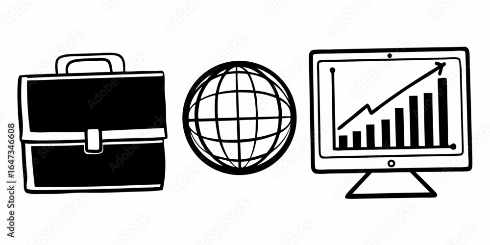 Poster illustration showing a briefcase, a globe, and a computer screen with a rising bar graph image