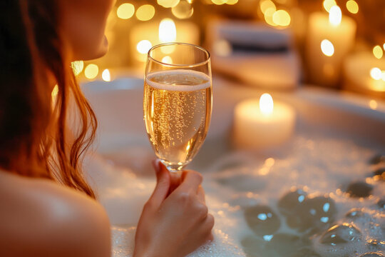 Woman relaxing in a bubble bath holding a glass of champagne. Candles create a romantic mood, with lights softly glowing in the background - Powered by Adobe