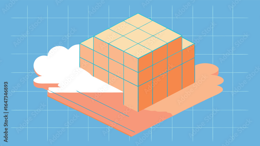 Poster isometric cube made of smaller cubes held by abstract orange hands on blue grid background vector il