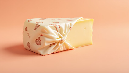 Artisanal block of cheese in a reusable Beeswax botanical print wrap, in an elegant, rustic style, representing organic food, sustainable packaging, and gourmet dairy products for delis.

