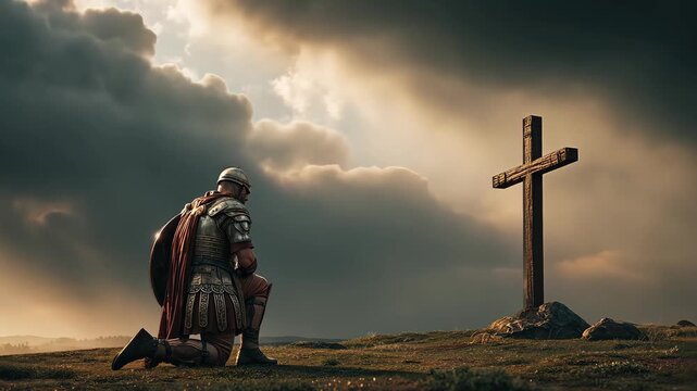 A soldier in ancient armor kneels humbly before a wooden cross with dark clouds and sunlight breaking through in a tranquil setting