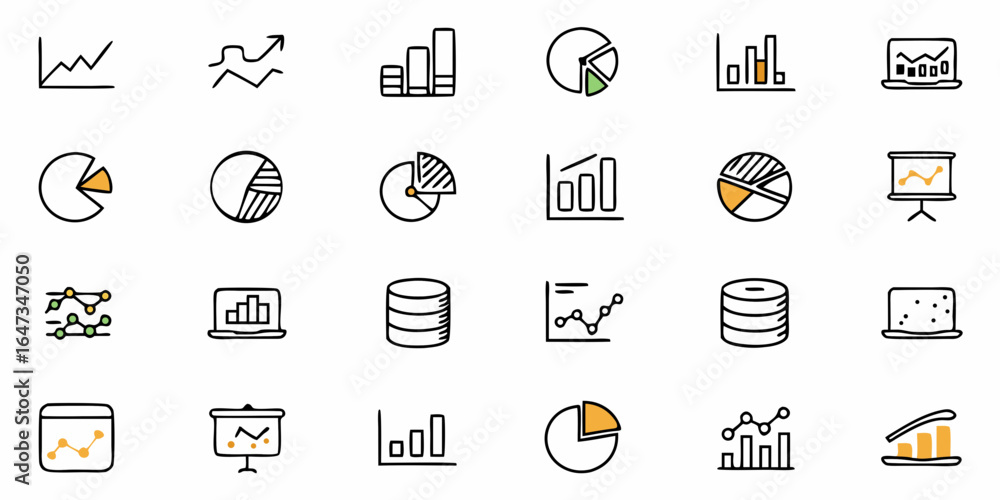 Poster illustration of various data visualization icons including line charts bar graphs and pie charts for