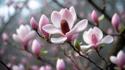 Fototapeta premium Magnolia flowers in bloom with pink petals, close-up of flowering branches. Beautiful floral scene with soft background. Nature and blossom photography.