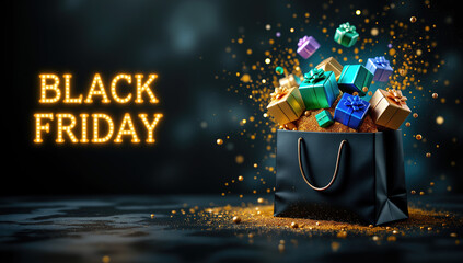 Luxurious Black Friday sale concept with shopping bag and gifts, in festive black and gold colors, representing holiday shopping, discounts, and exclusive deals, with dark copy space.

