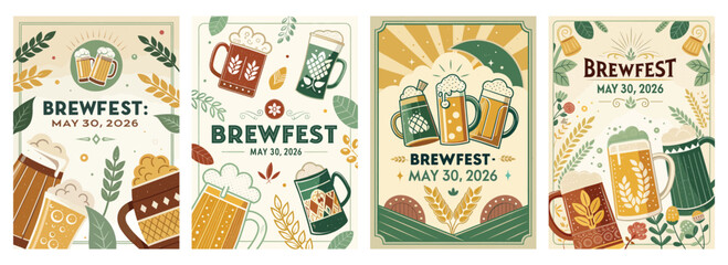 Colorful Brewfest posters showcasing beer mugs and hops, celebrating a lively brewing event.