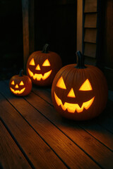 Glowing jack-o'-lanterns on wooden porch at night create spooky and festive Halloween atmosphere with warm orange light and carved faces