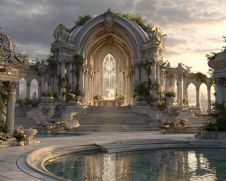 Cyber-temple altar activated by AI holograms during dusk in metallic tones