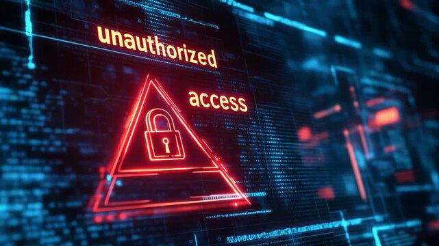 A digital interface highlights an unauthorized access alert with a padlock symbol in a high tech environment, emphasizing cybersecurity concerns