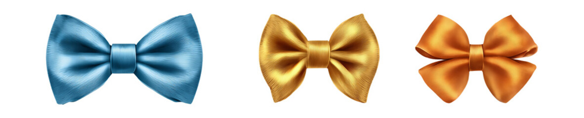 Three elegant silk bow ties in blue, gold, and orange isolated on transparent background for formal occasions