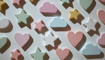 Sfondo astratto con forme geometriche color pastello come nuvole, stelle e cuori, vettore