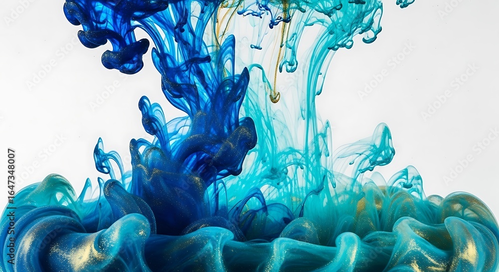 Poster submerged pigments of cerulean and sapphire hues creating ethereal shapes and movement on a canvas
