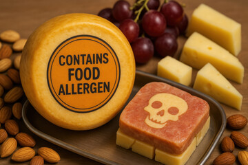 Round cheese wheel with bold contains food allergen label surrounded by assorted nuts grapes and cheese wedges for allergen awareness