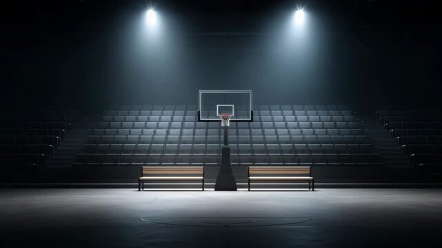 Empty basketball court features dark benches under bright spotlights, setting the stage for an upcoming game in a spacious arena