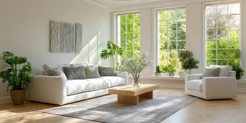 Bright open living room with minimalist furniture, large windows, and modern wall art