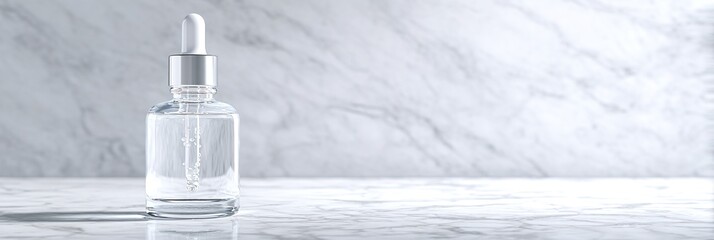 Flaccone contagocce di siero trasparente su sfondo di marmo, perfetto per la cura della pelle.