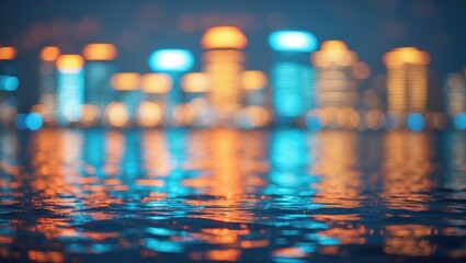 Blurred city skyline at night with colorful lights reflecting on water, creating a vibrant, out-of-focus scene.