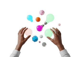 Ethnically ambiguous hands in business casual sleeves gently arranging vibrant, glowing geometric shapes on a transparent background with bokeh, concept of innovation and future vision.