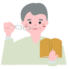 本が見えづらい老眼のおじいちゃん。ベクターイラスト