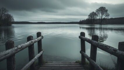 A wooden dock leading to a calm lake under cloudy skies with trees on the shoreline.