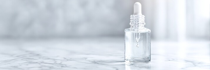 Flacone contagocce trasparente con liquido per cura della pelle su sfondo di marmo, concetto di bellezza
