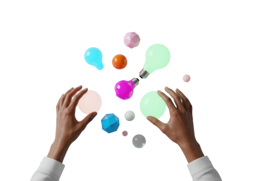 Ethnically ambiguous hands in business casual sleeves gently arranging vibrant, glowing geometric shapes on a transparent background with bokeh, concept of innovation and future vision.