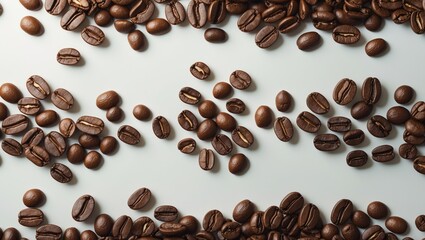 Obraz premium Coffee beans scattered on a white surface.