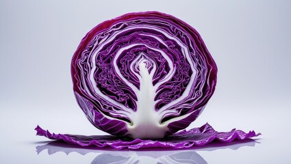 Fototapeta premium Sliced purple cabbage cross-section with detailed layers and vibrant color. Fresh vegetable, food, and nutrition concept.