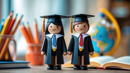 Two toy figures dressed in graduation caps and gowns with paper diplomas, standing on a desk with colorful pencils, a globe, and books in the background.