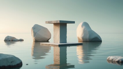 Fototapeta premium Rock formations around a modern stone table and benches, reflecting on calm waters at sunset. Minimalist, serene, and natural landscape featuring rocks and water.