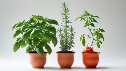Obraz premium Three potted plants, including basil, rosemary, and tomato, are displayed against a neutral background.
