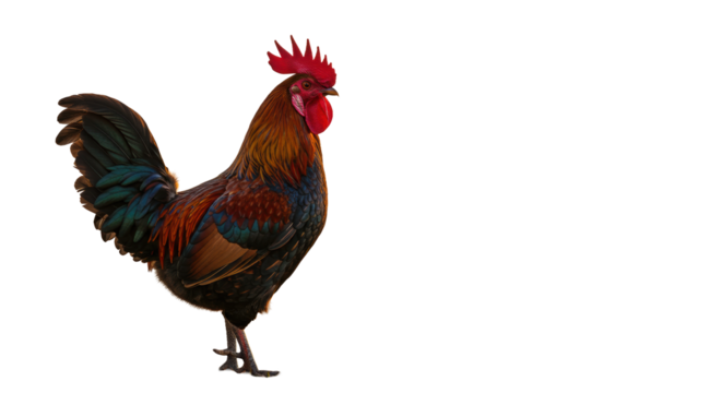 Majestic multi-colored rooster with vibrant red comb stands proudly in profile outdoors at dawn, soft golden light, copy space right. Concept of new beginnings and leadership