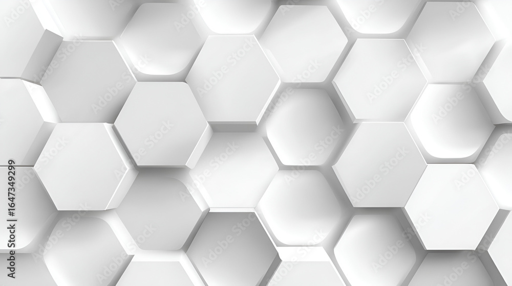 Poster a pattern of 3d white hexagonal tiles of varying heights and lighting