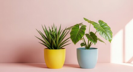 Obraz premium Indoor Plants in Colorful Pots against a Pastel Pink Background Adding Natural Beauty to a Home Office or Living Space