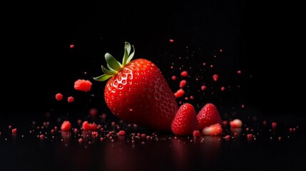 Splashing strawberry on black