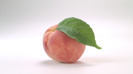 A fresh peach with a green leaf rests on a clean white surface, highlighting simplicity and natural beauty.