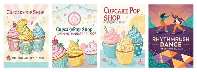 Colorful promotional posters for a cupcake shop and dance event, featuring vibrant designs and playful elements.