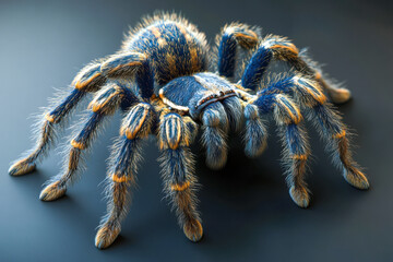 A close-up shows an Antilles Pinktoe Tarantula with blue and orange hairy legs, standing on a dark grey, nearly black, surface