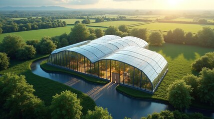 Modern Glass Greenhouse in Lush Landscape