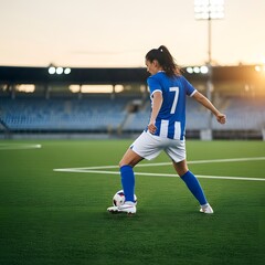 Female soccer player dribbling the ball on a green field in a stadium