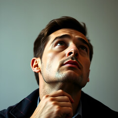 Thoughtful Contemplation: A man, absorbed in a moment of deep thought, gazes upwards, his expression conveying a sense of introspection and contemplation