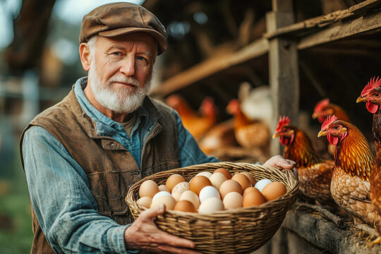 Elderly man with white beard and cap gathers eggs from his chickens in a wicker basket. The chickens are in a coop, and it looks like early afternoon